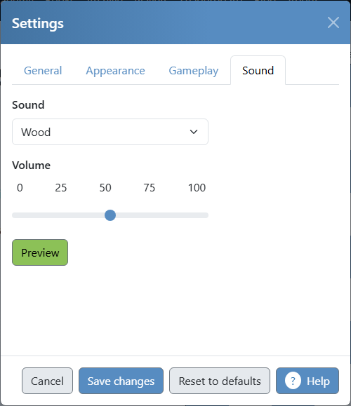 Sound tab of the settings dialog